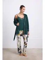 Kadın Kadife Sabahlık, Dantelli Atlet ve Desenli Pantolon Pijama Takım Anıl 11554 Koyu Yeşil farklı açı