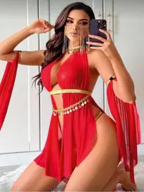 Ruselin Kadın Kırmızı Dansöz Oryantal Elbisesi Fantezi Kostüm Ruselin 2266