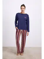 Kadın Lacivert Uzun Kollu T-Shirt ve Çizgili Pantolon Takımı Anıl 11577 Lacivert
