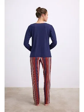 Anıl Kadın Lacivert Uzun Kollu T-Shirt ve Çizgili Pantolon Takımı Anıl 11577 - Alternatif Görünüm