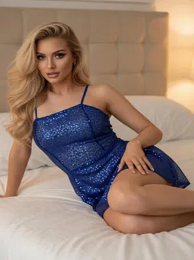 NightLight Kadın Mavi Pullu Payetli Mini Tül Transparan Elbise Gecelik NightLight 3862 - Alternatif Görünüm