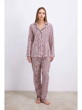 Anıl Kadın Pamuklu Uzun Kol Düğmeli Gömlek ve Ekose Pantolon Pijama Takımı Zamansız Şıklık Anıl 11627