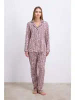 Kadın Pamuklu Uzun Kol Düğmeli Gömlek ve Ekose Pantolon Pijama Takımı Zamansız Şıklık Anıl 11627 Kırmızı