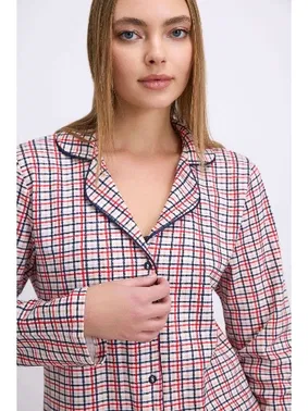 Anıl Kadın Pamuklu Uzun Kol Düğmeli Gömlek ve Ekose Pantolon Pijama Takımı Zamansız Şıklık Anıl 11627 - Alternatif Görünüm