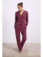 Kadın Uzun Kol Düğmeli Gömlek ve Ekose Pantolon Pijama Takımı Anıl 11580 Bordo