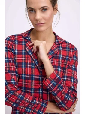 Anıl Kadın Uzun Kol Düğmeli Gömlek ve Ekose Pantolon Pijama Takımı Anıl 11580 - Alternatif Görünüm