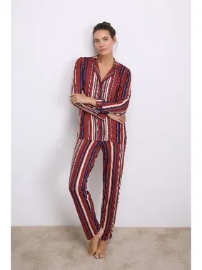 Anıl Kadın Uzun Kollu Düğmeli Çizgili Pijama Takımı Anıl 11578