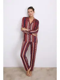 Anıl Kadın Uzun Kollu Düğmeli Çizgili Pijama Takımı Anıl 11578