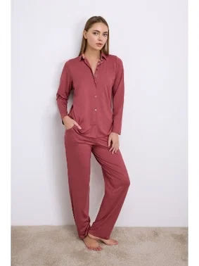 Anıl Kadın Uzun Kollu Düğmeli Gömlek ve Pantolon Pijama Takımı Anıl 11556