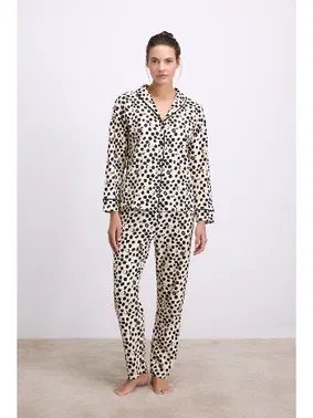 Anıl Kadın Uzun Kollu Gömlek Yaka Leopar Desenli %100 Pamuk Pijama Takımı Anıl 11550