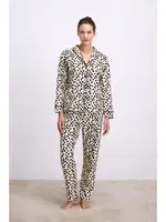 Kadın Uzun Kollu Gömlek Yaka Leopar Desenli %100 Pamuk Pijama Takımı Anıl 11550 Krem