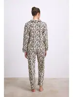 Kadın Uzun Kollu Gömlek Yaka Leopar Desenli %100 Pamuk Pijama Takımı Anıl 11550 Krem detay görünüm