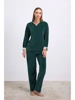 Kadın Uzun Kollu Kadife Sweatshirt ve Pantolon Takım Yumuşak ve Şık Ev Giyimi Anıl 11555 Koyu Yeşil