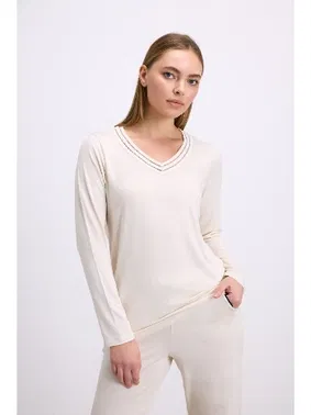 Anıl Kadın Uzun Kollu Pijama Takımı Şık V Yaka ve Minimal Tasarım Anıl 11616 - Alternatif Görünüm