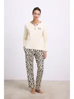 Kadın Uzun Kollu T-Shirt ve Pantolon Pijama Takımı – %100 Pamuk, Leopar Desen Detaylı Anıl 11549 Krem