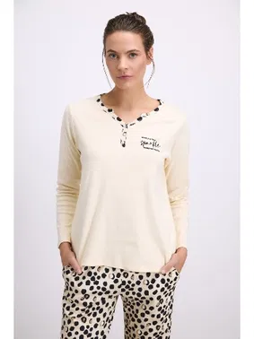 Anıl Kadın Uzun Kollu T-Shirt ve Pantolon Pijama Takımı – %100 Pamuk, Leopar Desen Detaylı Anıl 11549 - Alternatif Görünüm