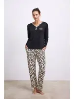 Kadın Uzun Kollu T-Shirt ve Pantolon Pijama Takımı – %100 Pamuk, Leopar Desen Detaylı Anıl 11549 Siyah farklı açı