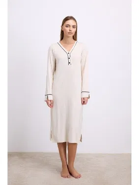Anıl Kadın Uzun Kollu, Yumuşacık Kumaş, Zarif Düğmeli Tasarım Gecelik Anıl 11615