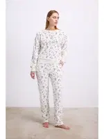 Kadın Yıldız Desenli Tencel Pamuklu Sweatshirt ve Pantolon Takımı Anıl 11592 Ekru