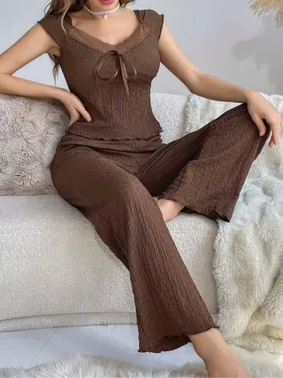 Ruselin Kahverengi Kurdela Detaylı Yumuşak Pamuklu Uzun Pijama Takımı Ruselin 5135 - Alternatif Görünüm