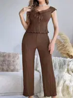 Kahverengi Kurdela Detaylı Yumuşak Pamuklu Uzun Pijama Takımı Ruselin 5135 Kahverengi farklı açı