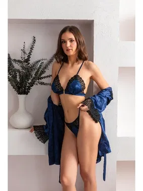 Gallipoli Kapsiz Üçgen Dantel Detayli Sütyen String Takim Lacivert Gallipoli 32112