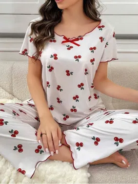 Ruselin Kiraz Desen Yumuşak Pamuklu Pijama Takımı Ruselin 5128 - Alternatif Görünüm