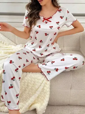 Ruselin Kiraz Desen Yumuşak Pamuklu Pijama Takımı Ruselin 5128