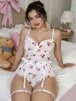 Kiraz Desenli Fırfır Detaylı Fantezi Jartiyer Takım Ruselin 2239 Beyaz farklı açı