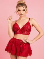 Kırmızı Dantelli Tül Etekli Kadın Sütyen Fantazi Takım NightLight 3849 Kırmızı