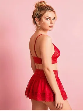 NightLight Kırmızı Dantelli Tül Etekli Kadın Sütyen Fantazi Takım NightLight 3849 - Alternatif Görünüm