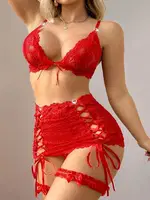 Kırmızı Eteği Örgülü Dantel Seksi Takım Real Passione 70028 Kırmızı görsel 5