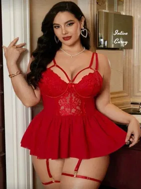 Ruselin Kırmızı Jartiyerli Volanlı Etekli Göğsü Dantelli Büyük Beden Mini Gecelik Ruselin 8019