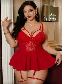 Ruselin Kırmızı Jartiyerli Volanlı Etekli Göğsü Dantelli Büyük Beden Mini Gecelik Ruselin 8019