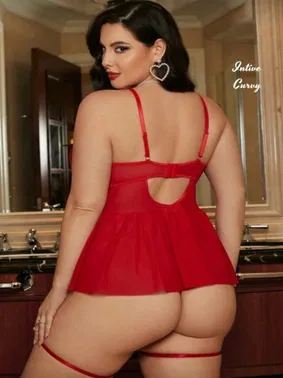 Ruselin Kırmızı Jartiyerli Volanlı Etekli Göğsü Dantelli Büyük Beden Mini Gecelik Ruselin 8019 - Alternatif Görünüm