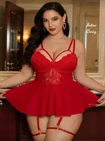 Kırmızı Jartiyerli Volanlı Etekli Göğsü Dantelli Büyük Beden Mini Gecelik Ruselin 8019 Kırmızı görsel 5