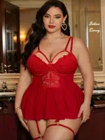 Kırmızı Jartiyerli Volanlı Etekli Göğsü Dantelli Büyük Beden Mini Gecelik Ruselin 8019 Kırmızı görsel 6