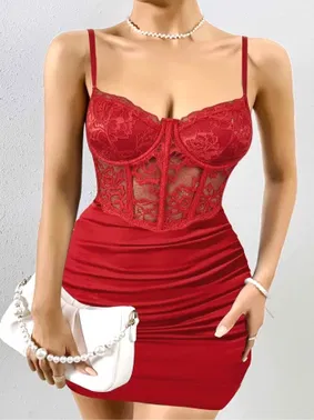 Ruselin Kırmızı Transparan Karın ve Dantel Detaylı Gece Kıyafeti Ruselin 5150