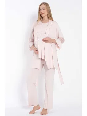 Anıl Kısa Kol Bisiklet Yaka Kadın Viskon Dantel Detaylı Hamile Pijama Takımı Sabahlık Anıl 11314