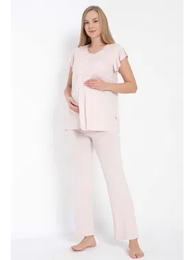 Anıl Kısa Kol Bisiklet Yaka Kadın Viskon Dantel Detaylı Hamile Pijama Takımı Sabahlık Anıl 11314 - Alternatif Görünüm