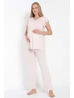 Kısa Kol Bisiklet Yaka Kadın Viskon Dantel Detaylı Hamile Pijama Takımı Sabahlık Anıl 11314 Pembe detay görünüm