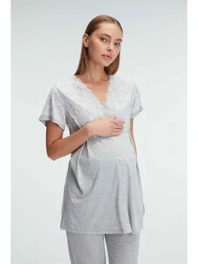 Anıl Kısa Kol V Yaka Kadın Polyester Elastan Yazlık Örme Dantel Detaylı Hamile Pijama Takımı Anıl 11308 - Alternatif Görünüm