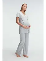 Kısa Kol V Yaka Kadın Polyester Elastan Yazlık Örme Dantel Detaylı Hamile Pijama Takımı Anıl 11308 Grimelanj görsel 4