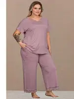 Kısa Kollu Büyük Beden V Yakalı Kadın Pijama Takımı Lady B-638 Lila detay görünüm