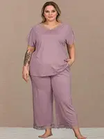 Kısa Kollu Büyük Beden V Yakalı Kadın Pijama Takımı Lady B-638 Lila