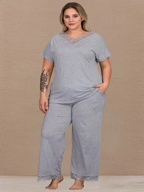 Lady Kısa Kollu Dantel Detaylı Büyük Beden Pijama Takımı Lady B-635
