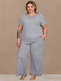 Lady Kısa Kollu Dantel Detaylı Büyük Beden Pijama Takımı Lady B-635