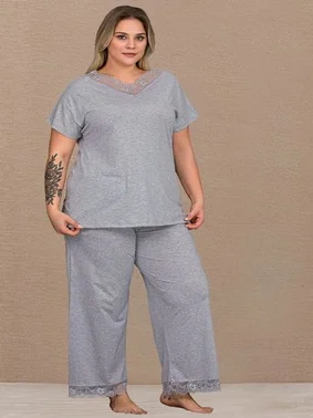 Lady Kısa Kollu Dantel Detaylı Büyük Beden Pijama Takımı Lady B-635 - Alternatif Görünüm