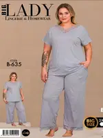 Kısa Kollu Dantel Detaylı Büyük Beden Pijama Takımı Lady B-635 Gri farklı açı