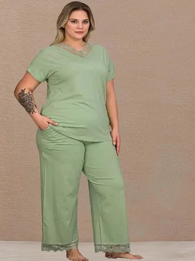 Lady Kısa Kollu Dantelli V Yakalı Pamuklu Büyük Beden Kadın Pijama Takımı Lady B-631 - Alternatif Görünüm
